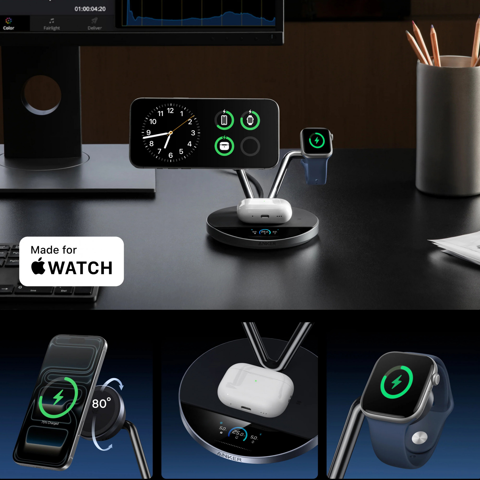 Бездротова зарядна станція Anker Prime (3-в-1, MagGo, AirCool, док-стійка)